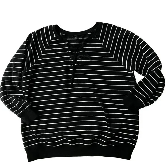 Torrid Black Stripe Lace-Up Fleece Sweatshirt Torrid 0 Size 10-12 Raglan Sleeves - Picture 5 of 12